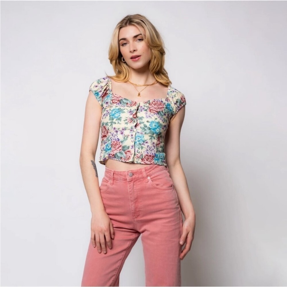 Rolla's Emmy Rosette Top Blouse Floral Print Square Neck Crop Size XL NWOT - Picture 2 of 9